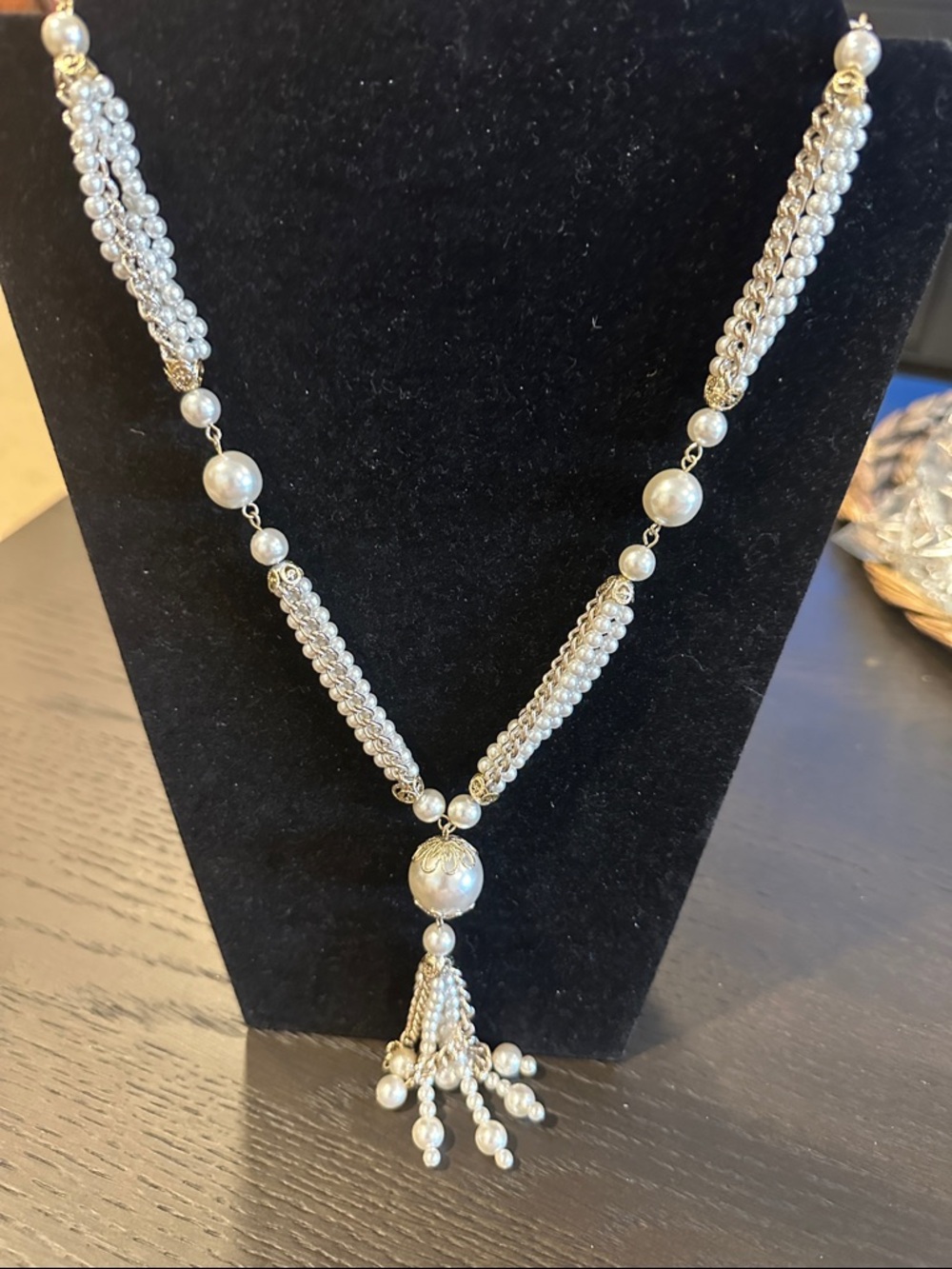 VTG Faux Pearl Tassel Necklace • Multi‑Strand Sautoir • Goldtone Caps • 24–27"